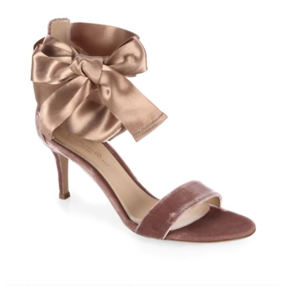 Gianvito Rossi Light Pink Velvet Heels Bow Ribbon Ankle Tie size 9.5